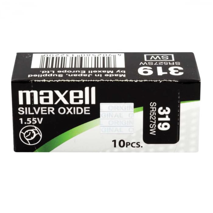 Set 10 baterii de ceas tip buton, Maxell SR527SW 319, 1.55V, 5.8mm diametru x 2.7mm inaltime, capacitate 17 mAh, oxid de argint, in blistere [1]