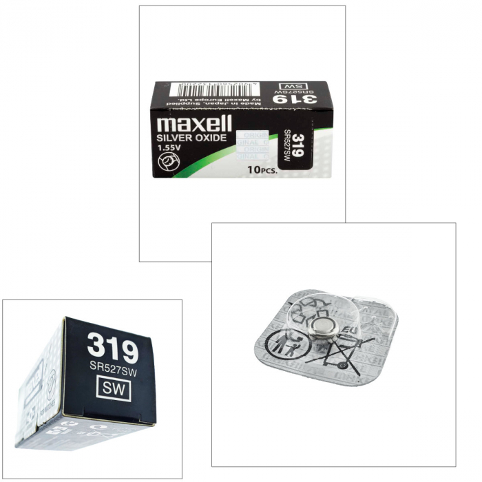Set 10 baterii de ceas tip buton, Maxell SR527SW 319, 1.55V, 5.8mm diametru x 2.7mm inaltime, capacitate 17 mAh, oxid de argint, in blistere [2]