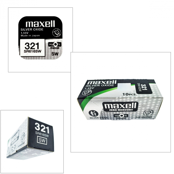 Set 10 baterii de ceas tip buton, Maxell SR616SW 321, 1.55V, 6.8mm diametru x 1.65mm inaltime, capacitate 15-16 mAh, oxid de argint, in blistere [5]
