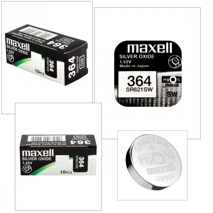 Set 10 baterii de ceas tip buton, Maxell SR621SW (364) / 392 / AG1, 1.55V, 6.8mm diametru x 2.6mm inaltime, capacitate 30 mAh, high drain, oxid de argint, in blistere [3]