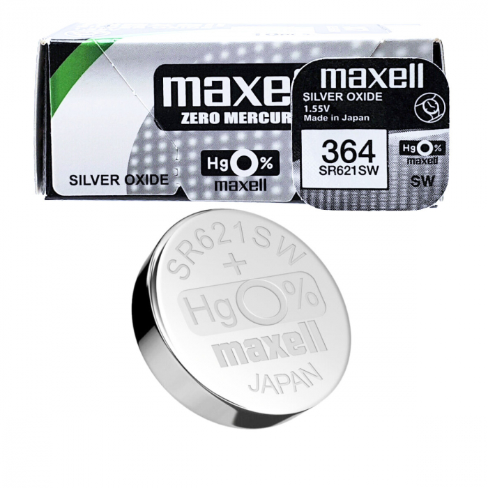 Set 10 baterii de ceas tip buton, Maxell SR621SW (364) / 392 / AG1, 1.55V, 6.8mm diametru x 2.6mm inaltime, capacitate 30 mAh, high drain, oxid de argint, in blistere [4]
