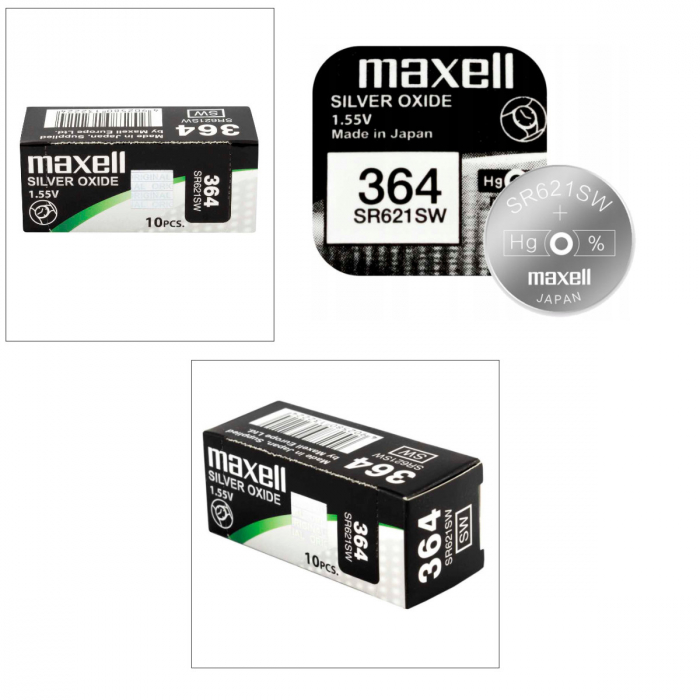 Set 10 baterii de ceas tip buton, Maxell SR621SW (364) / 392 / AG1, 1.55V, 6.8mm diametru x 2.6mm inaltime, capacitate 30 mAh, high drain, oxid de argint, in blistere [5]