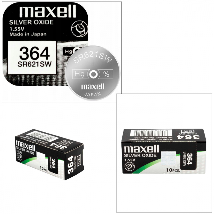 Set 10 baterii de ceas tip buton, Maxell SR621SW (364) / 392 / AG1, 1.55V, 6.8mm diametru x 2.6mm inaltime, capacitate 30 mAh, high drain, oxid de argint, in blistere [2]