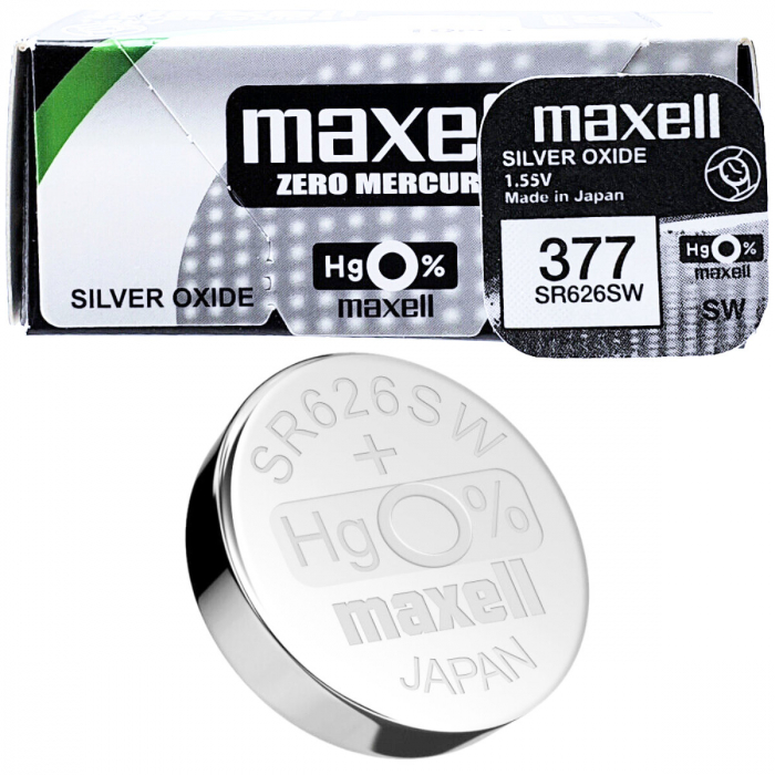 Set 10 baterii de ceas tip buton, Maxell SR626SW (377) AG4, 1.55V, 6.8mm diametru x 2.6mm inaltime, capacitate 30 mAh, low drain, oxid de argint, in blistere [5]