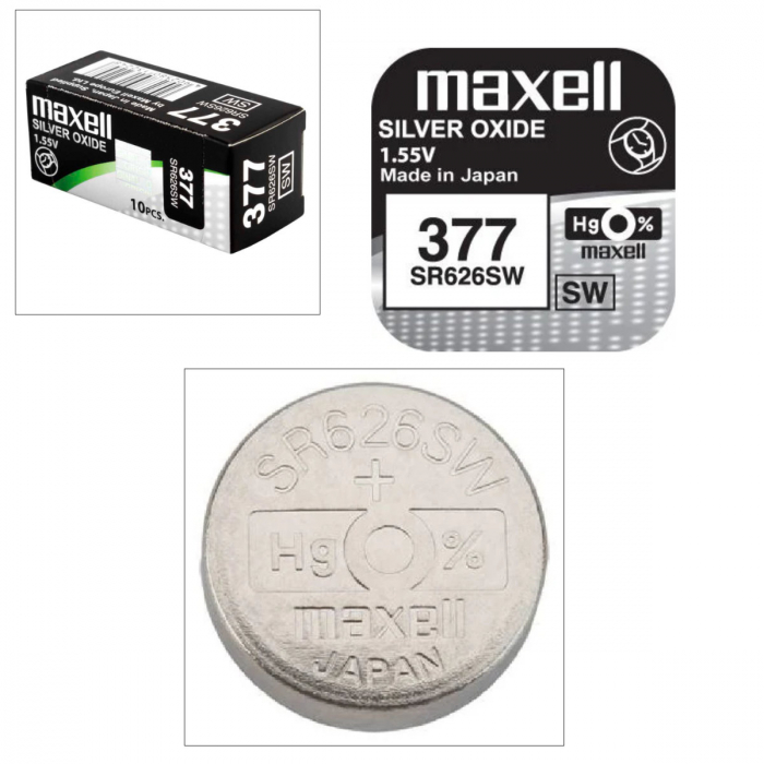 Set 10 baterii de ceas tip buton, Maxell SR626SW (377) AG4, 1.55V, 6.8mm diametru x 2.6mm inaltime, capacitate 30 mAh, low drain, oxid de argint, in blistere [4]