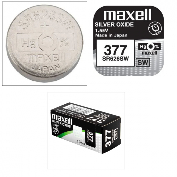 Set 10 baterii de ceas tip buton, Maxell SR626SW (377) AG4, 1.55V, 6.8mm diametru x 2.6mm inaltime, capacitate 30 mAh, low drain, oxid de argint, in blistere [2]