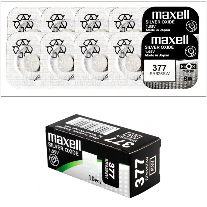 Set 10 baterii de ceas tip buton, Maxell SR626SW (377) AG4, 1.55V, 6.8mm diametru x 2.6mm inaltime, capacitate 30 mAh, low drain, oxid de argint, in blistere [3]