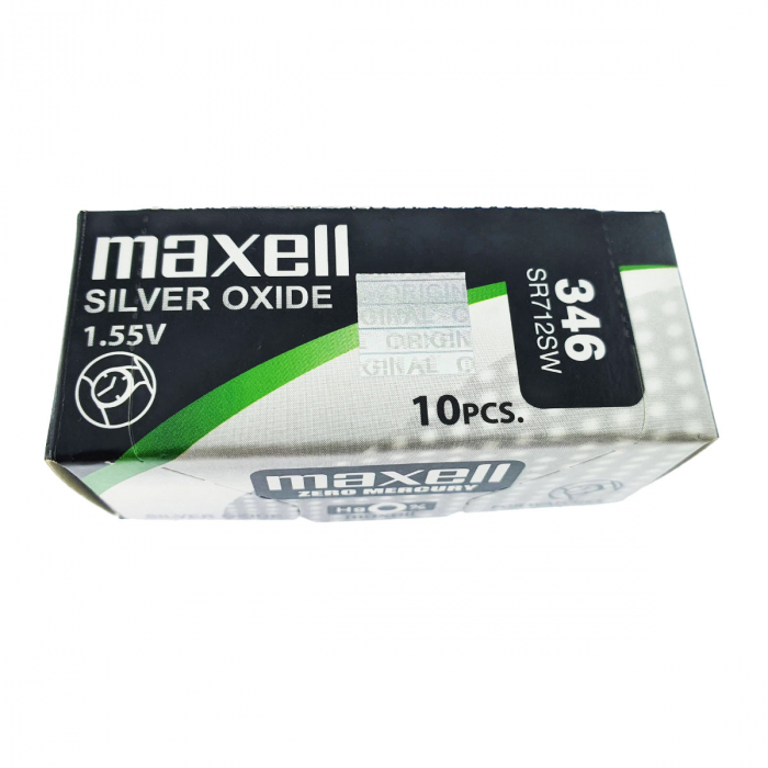 Set 10 baterii de ceas tip buton, Maxell SR712SW 346, 1.55V, 7.9mm diametru x 1.29mm inaltime, capacitate 10 mAh, oxid de argint, in blistere [4]