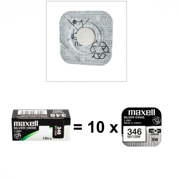 Set 10 baterii de ceas tip buton, Maxell SR712SW 346, 1.55V, 7.9mm diametru x 1.29mm inaltime, capacitate 10 mAh, oxid de argint, in blistere [2]