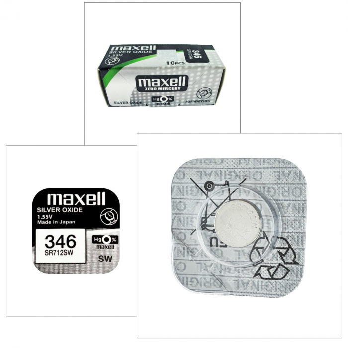 Set 10 baterii de ceas tip buton, Maxell SR712SW 346, 1.55V, 7.9mm diametru x 1.29mm inaltime, capacitate 10 mAh, oxid de argint, in blistere [5]