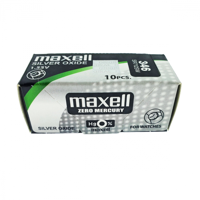 Set 10 baterii de ceas tip buton, Maxell SR712SW 346, 1.55V, 7.9mm diametru x 1.29mm inaltime, capacitate 10 mAh, oxid de argint, in blistere [6]