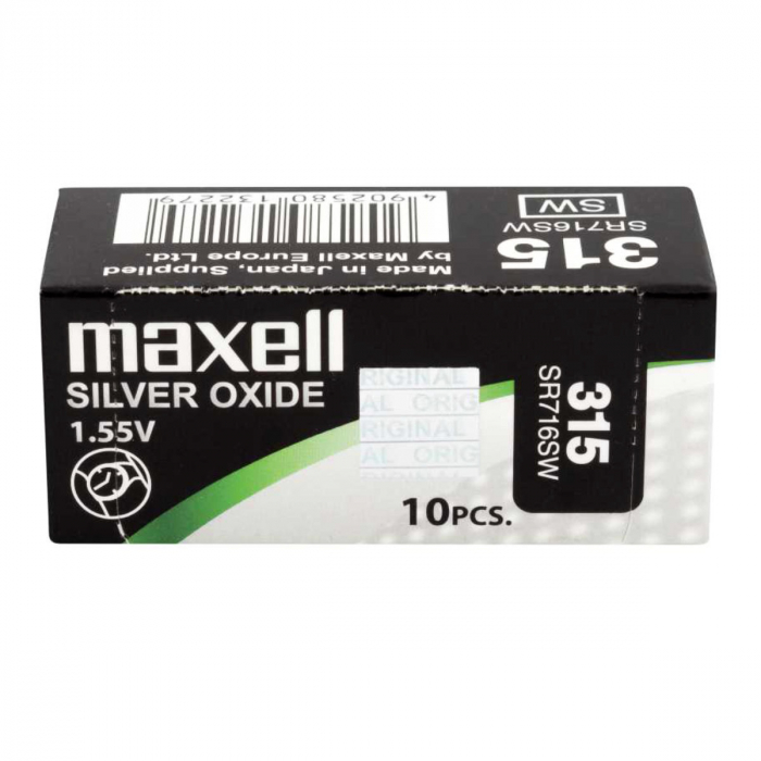 Set 10 baterii de ceas tip buton, Maxell SR716SW 315, 1.55V, 7.9mm diametru x 1.68mm inaltime, capacitate 22-23 mAh, oxid de argint, in blistere [1]