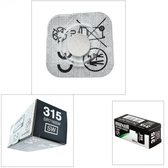 Set 10 baterii de ceas tip buton, Maxell SR716SW 315, 1.55V, 7.9mm diametru x 1.68mm inaltime, capacitate 22-23 mAh, oxid de argint, in blistere [4]