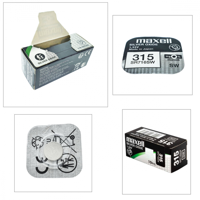Set 10 baterii de ceas tip buton, Maxell SR716SW 315, 1.55V, 7.9mm diametru x 1.68mm inaltime, capacitate 22-23 mAh, oxid de argint, in blistere [3]