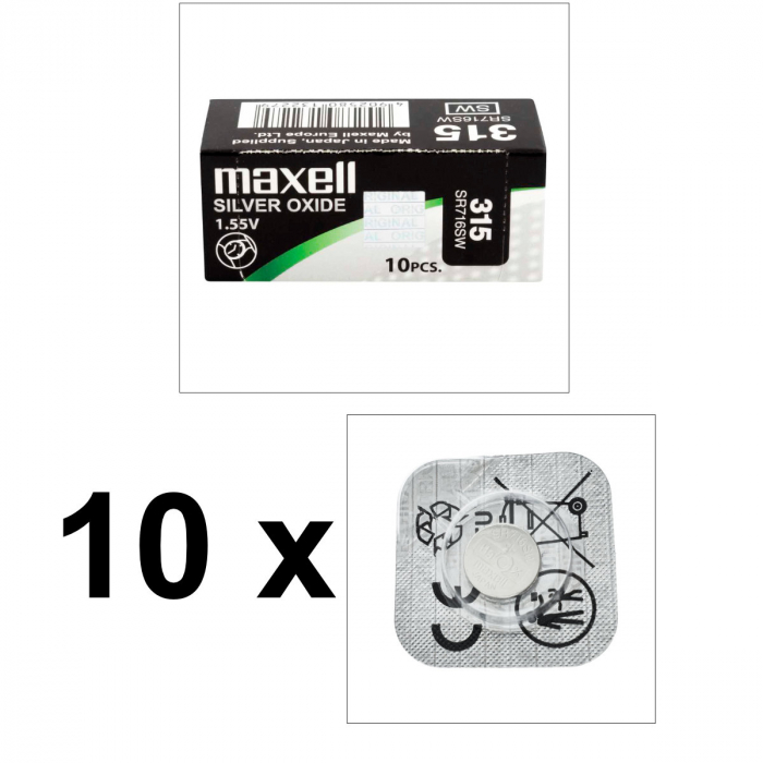 Set 10 baterii de ceas tip buton, Maxell SR716SW 315, 1.55V, 7.9mm diametru x 1.68mm inaltime, capacitate 22-23 mAh, oxid de argint, in blistere [2]