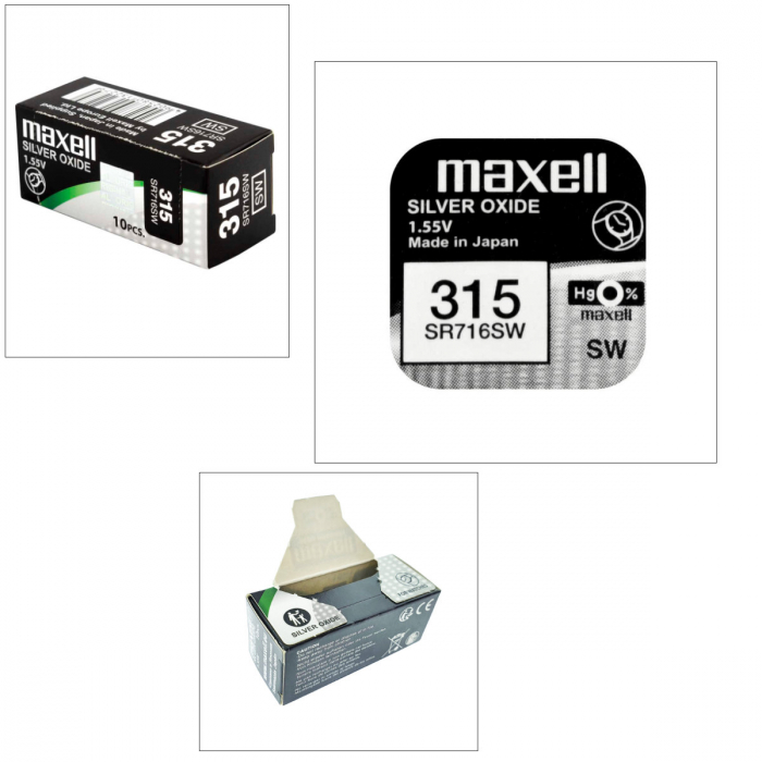 Set 10 baterii de ceas tip buton, Maxell SR716SW 315, 1.55V, 7.9mm diametru x 1.68mm inaltime, capacitate 22-23 mAh, oxid de argint, in blistere [5]