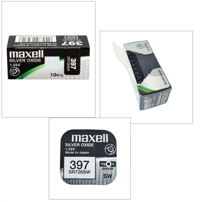 Set 10 baterii de ceas tip buton, Maxell SR726SW / 397 / AG2, 1.55V, 7.9mm diametru x 3.1mm inaltime, capacitate 36 mAh, oxid de argint, in blistere [4]