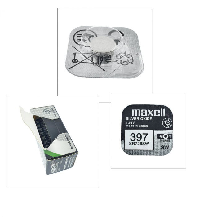 Set 10 baterii de ceas tip buton, Maxell SR726SW / 397 / AG2, 1.55V, 7.9mm diametru x 3.1mm inaltime, capacitate 36 mAh, oxid de argint, in blistere [5]
