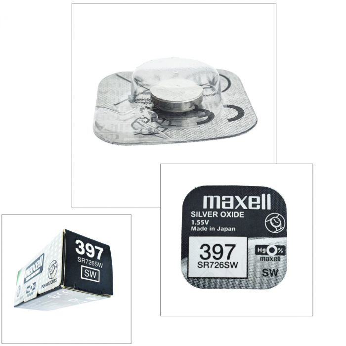 Set 10 baterii de ceas tip buton, Maxell SR726SW / 397 / AG2, 1.55V, 7.9mm diametru x 3.1mm inaltime, capacitate 36 mAh, oxid de argint, in blistere [3]