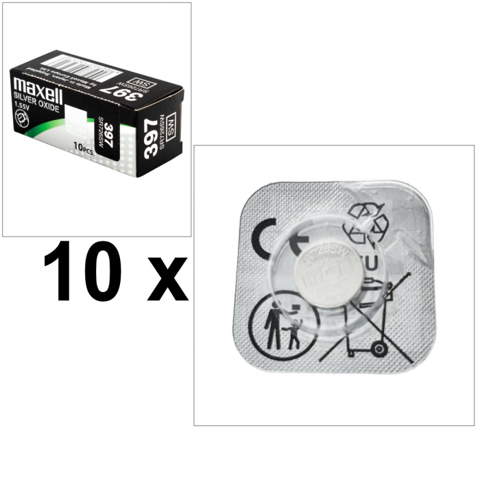 Set 10 baterii de ceas tip buton, Maxell SR726SW / 397 / AG2, 1.55V, 7.9mm diametru x 3.1mm inaltime, capacitate 36 mAh, oxid de argint, in blistere [2]
