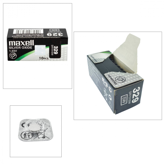 Set 10 baterii de ceas tip buton, Maxell SR731SW 329, 1.55V, 7.9mm diametru x 3.1mm inaltime, capacitate nominala 36 mAh, oxid de argint, in blistere [4]