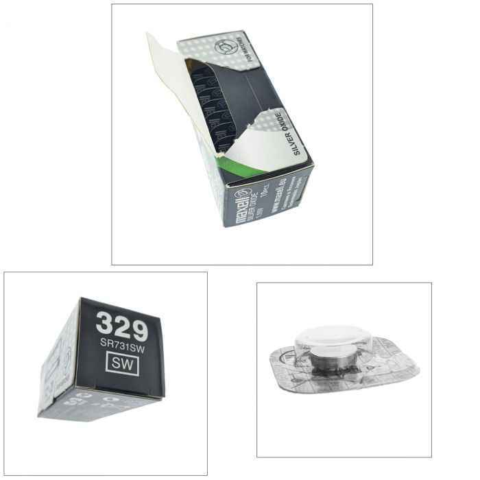 Set 10 baterii de ceas tip buton, Maxell SR731SW 329, 1.55V, 7.9mm diametru x 3.1mm inaltime, capacitate nominala 36 mAh, oxid de argint, in blistere [3]