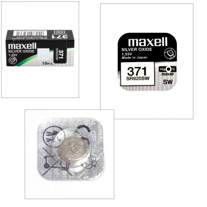 Set 10 baterii de ceas tip buton, Maxell SR920SW (371) AG6, 1.55V, 9.5mm diametru x 2.05mm inaltime, capacitate 45 mAh, low drain, oxid de argint, in blistere [2]