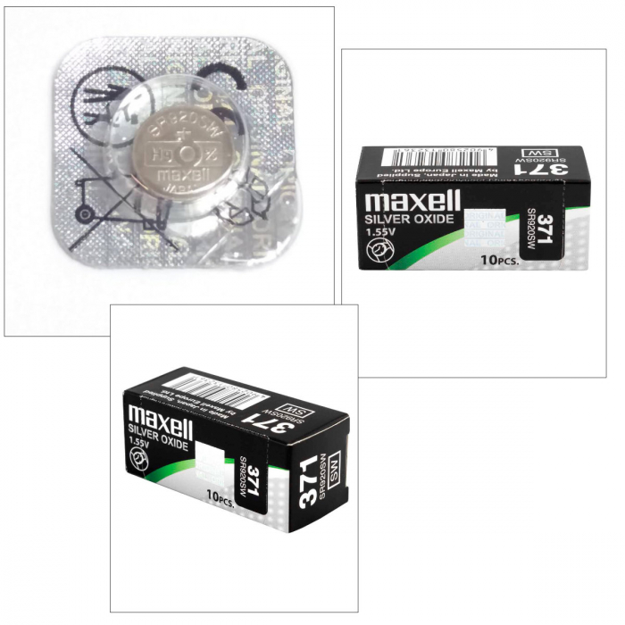Set 10 baterii de ceas tip buton, Maxell SR920SW (371) AG6, 1.55V, 9.5mm diametru x 2.05mm inaltime, capacitate 45 mAh, low drain, oxid de argint, in blistere [5]