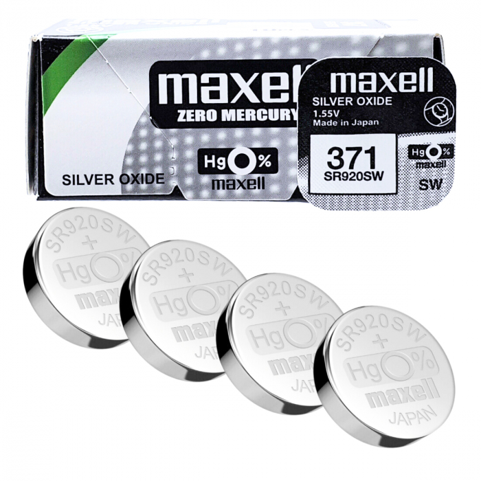 Set 10 baterii de ceas tip buton, Maxell SR920SW (371) AG6, 1.55V, 9.5mm diametru x 2.05mm inaltime, capacitate 45 mAh, low drain, oxid de argint, in blistere [3]