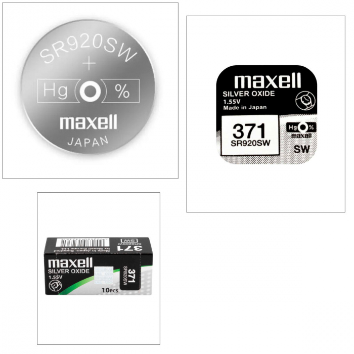 Set 10 baterii de ceas tip buton, Maxell SR920SW (371) AG6, 1.55V, 9.5mm diametru x 2.05mm inaltime, capacitate 45 mAh, low drain, oxid de argint, in blistere [4]