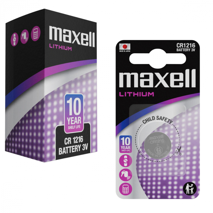 Set 10 baterii Lithium Maxell CR1216, 3V, tip moneda, 12.5mm diametru x 1.6mm inaltime, capacitate 25 mAh, in blistere [5]