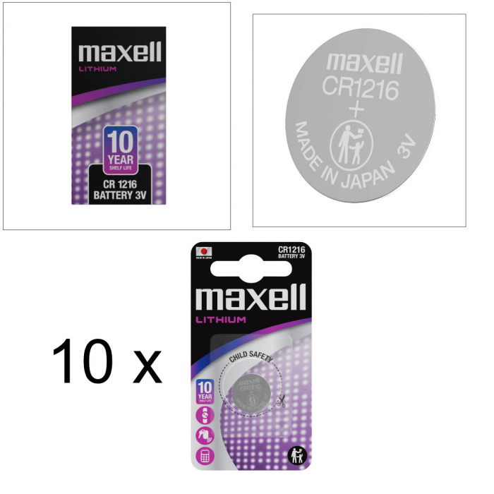 Set 10 baterii Lithium Maxell CR1216, 3V, tip moneda, 12.5mm diametru x 1.6mm inaltime, capacitate 25 mAh, in blistere [3]