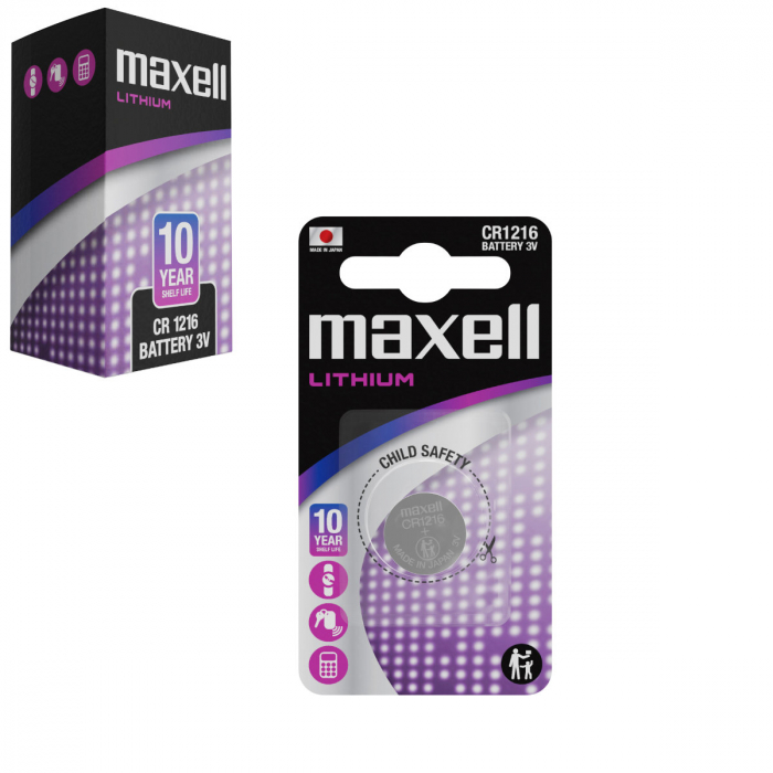 Set 10 baterii Lithium Maxell CR1216, 3V, tip moneda, 12.5mm diametru x 1.6mm inaltime, capacitate 25 mAh, in blistere [1]