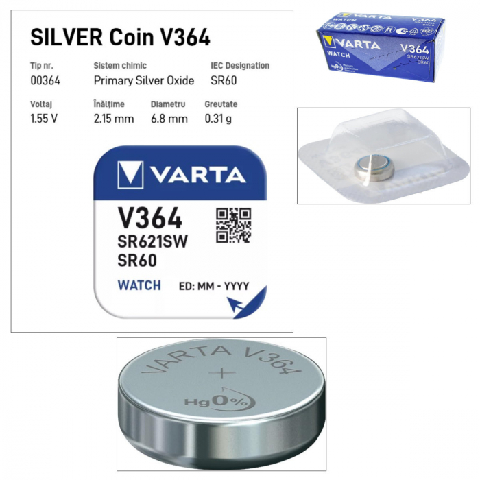 Set 10 baterii Varta V364 SR60 AG1 pentru ceasuri, tip buton, 1.55V, 22 mAh, Sistem Oxid de Argint [3]