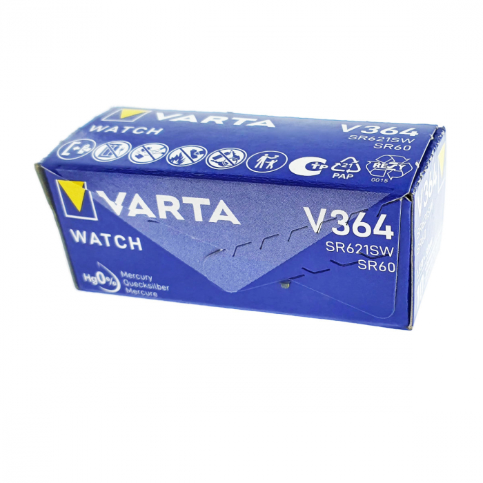 Set 10 baterii Varta V364 SR60 AG1 pentru ceasuri, tip buton, 1.55V, 22 mAh, Sistem Oxid de Argint [1]