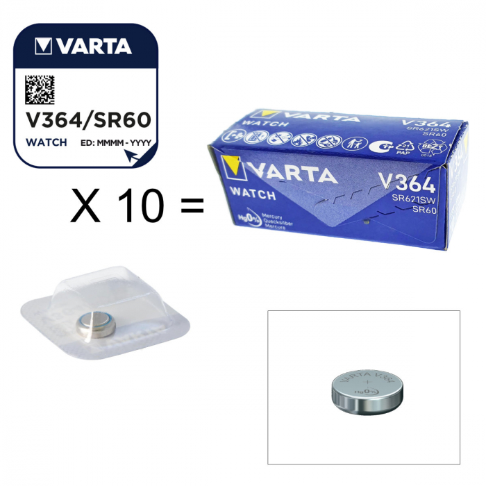Set 10 baterii Varta V364 SR60 AG1 pentru ceasuri, tip buton, 1.55V, 22 mAh, Sistem Oxid de Argint [2]