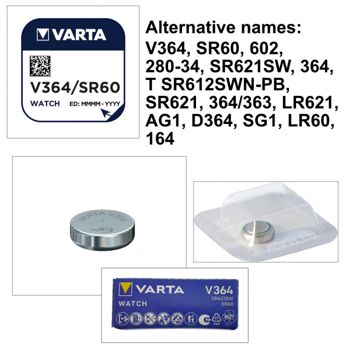 Set 10 baterii Varta V364 SR60 AG1 pentru ceasuri, tip buton, 1.55V, 22 mAh, Sistem Oxid de Argint [4]