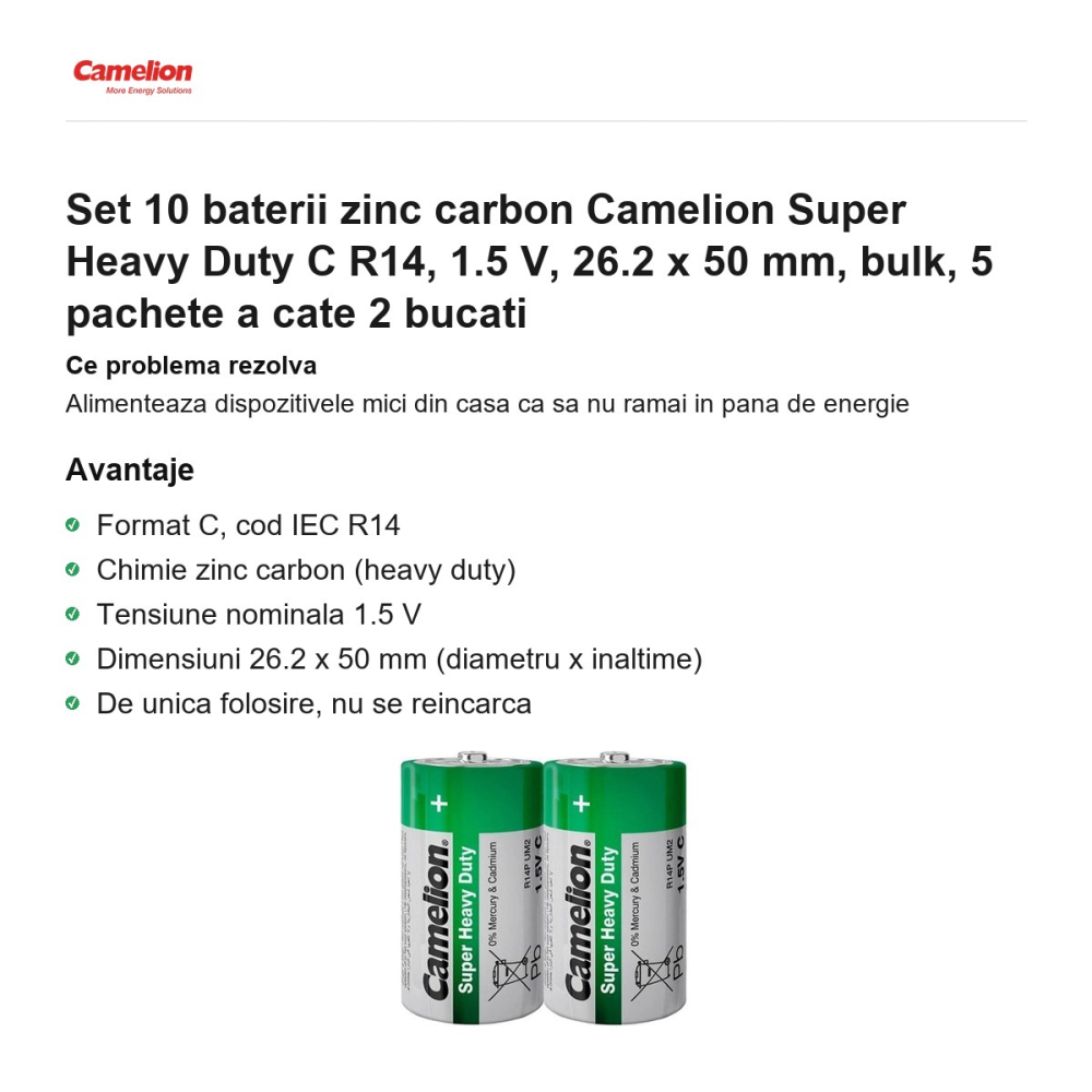 Set 10 baterii zinc carbon Camelion Super Heavy Duty C R14, 1.5 V, 26.2 x 50 mm, bulk, 5 pachete a cate 2 bucati [2]