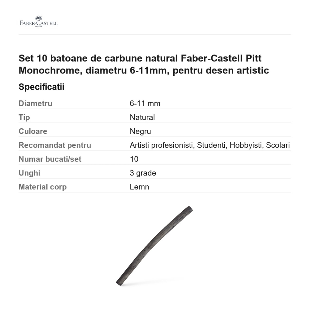 Set 10 batoane de carbune natural Faber-Castell Pitt Monochrome, diametru 6-11mm, pentru desen artistic [3]