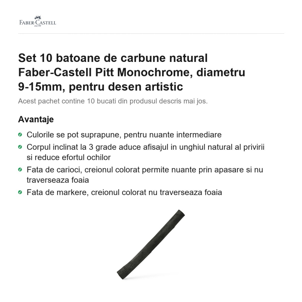 Set 10 batoane de carbune natural Faber-Castell Pitt Monochrome, diametru 9-15mm, pentru desen artistic [2]