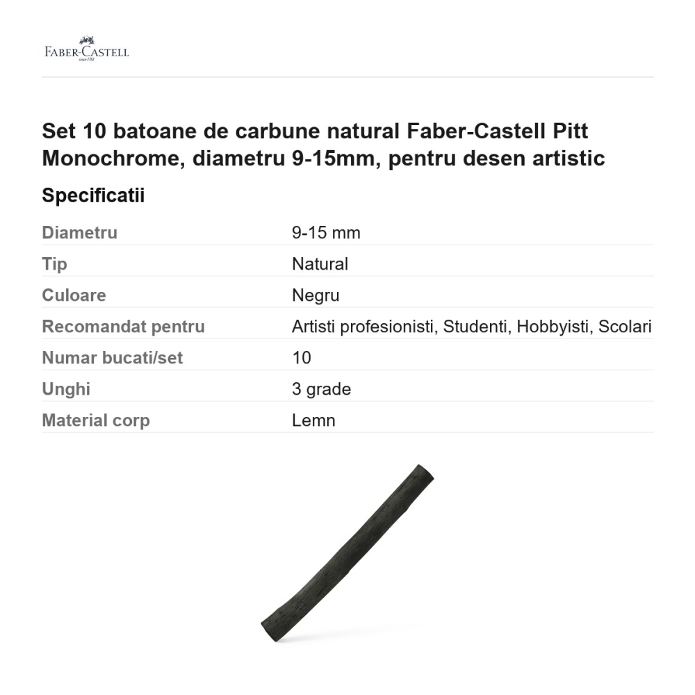 Set 10 batoane de carbune natural Faber-Castell Pitt Monochrome, diametru 9-15mm, pentru desen artistic [3]