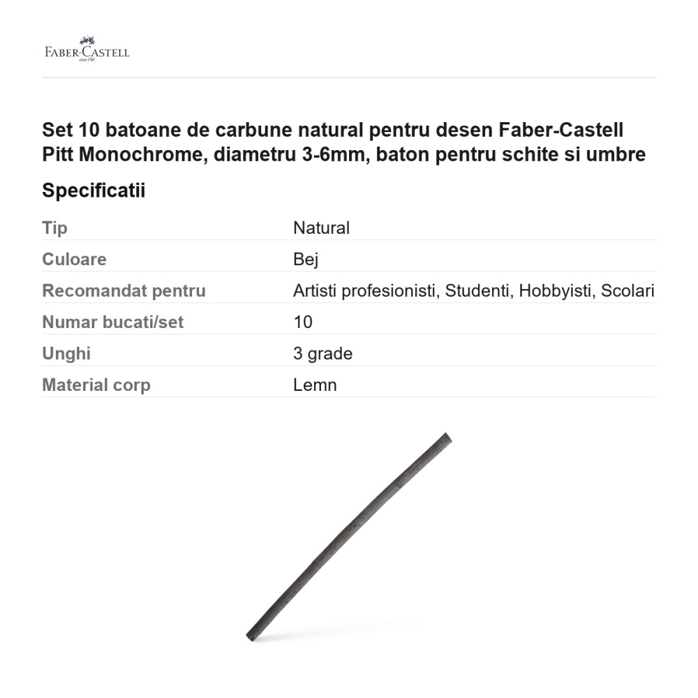 Set 10 batoane de carbune natural pentru desen Faber-Castell Pitt Monochrome, diametru 3-6mm, baton pentru schite si umbre [3]