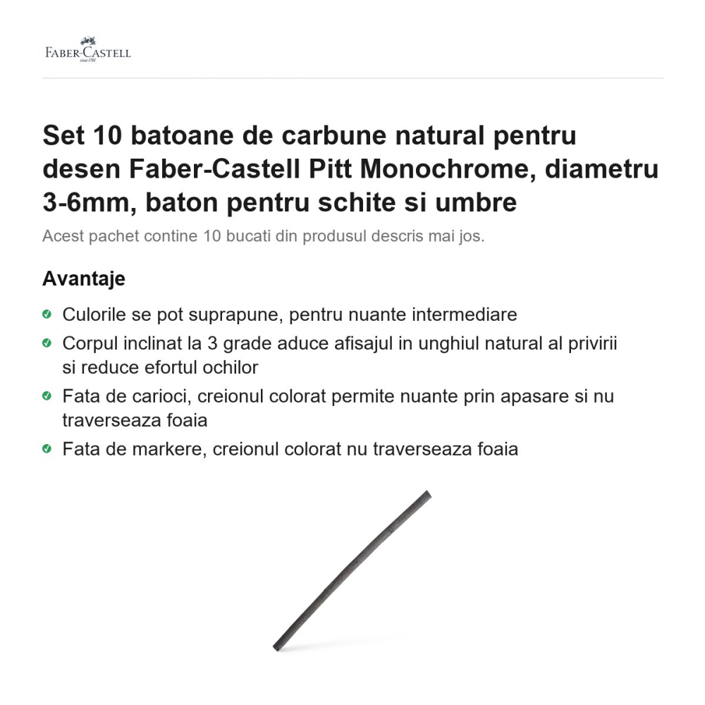 Set 10 batoane de carbune natural pentru desen Faber-Castell Pitt Monochrome, diametru 3-6mm, baton pentru schite si umbre [2]