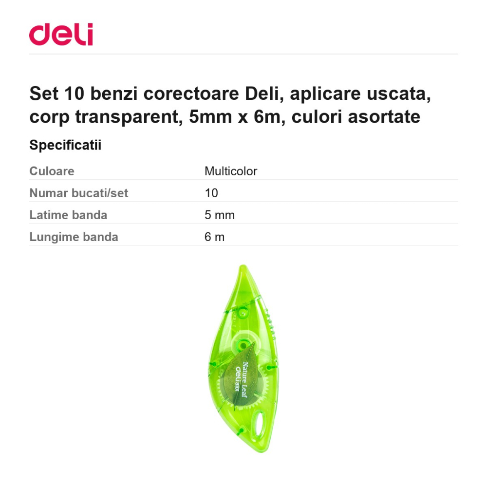 Set 10 benzi corectoare Deli, aplicare uscata, corp transparent, 5mm x 6m, culori asortate [3]