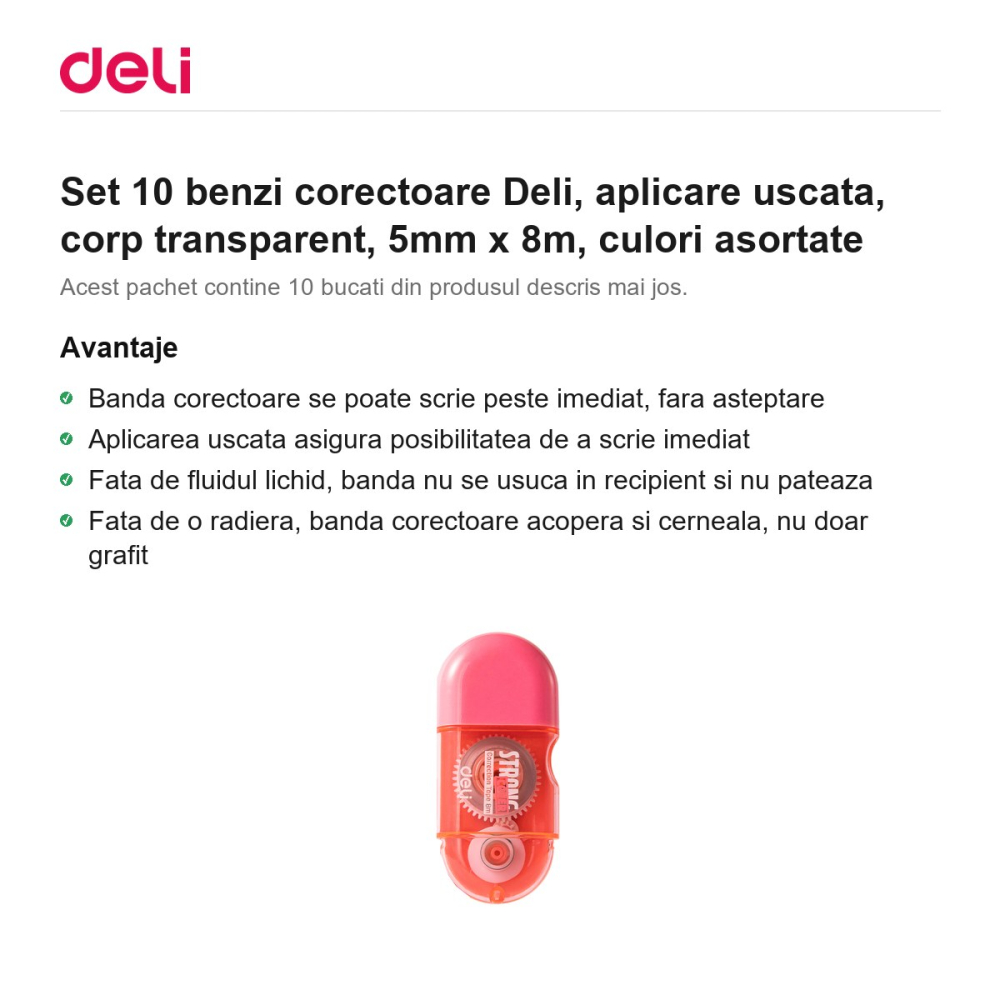 Set 10 benzi corectoare Deli, aplicare uscata, corp transparent, 5mm x 8m, culori asortate [2]