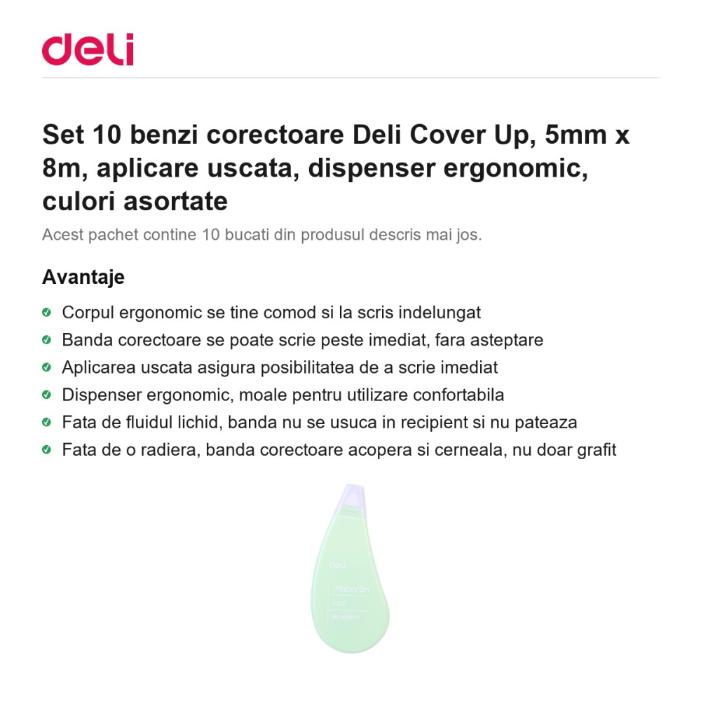 Set 10 benzi corectoare Deli Cover Up, 5mm x 8m, aplicare uscata, dispenser ergonomic, culori asortate [2]