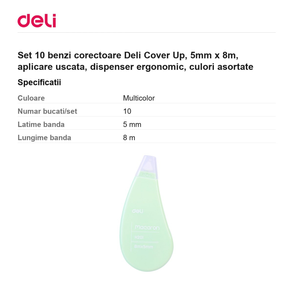 Set 10 benzi corectoare Deli Cover Up, 5mm x 8m, aplicare uscata, dispenser ergonomic, culori asortate [3]