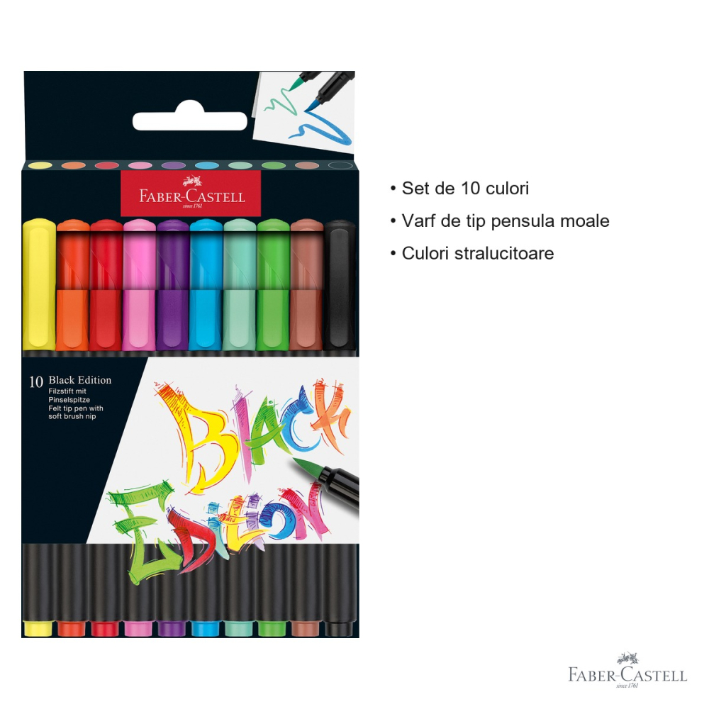 Set 10 brush pens Faber-Castell Black Edition, varf pensula moale, culori stralucitoare pentru desen si ilustratie [3]
