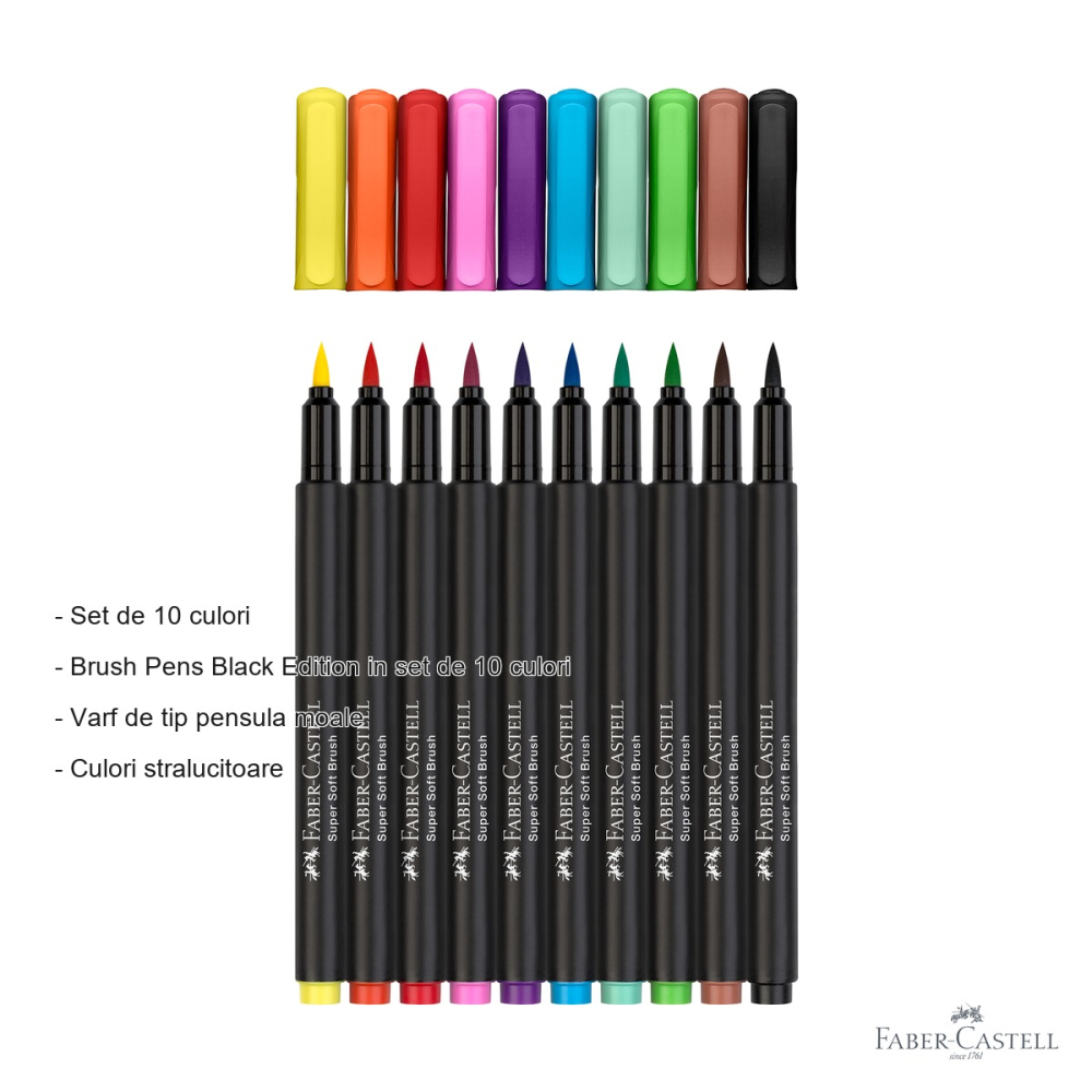Set 10 brush pens Faber-Castell Black Edition, varf pensula moale, culori stralucitoare pentru desen si ilustratie [2]