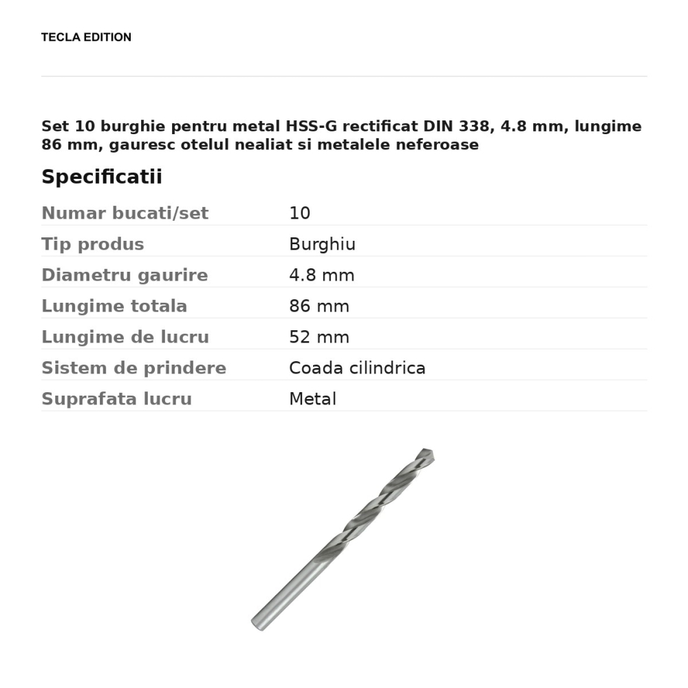 Set 10 burghie pentru metal HSS-G rectificat DIN 338, 4.8 mm, lungime 86 mm, gauresc otelul nealiat si metalele neferoase [3]